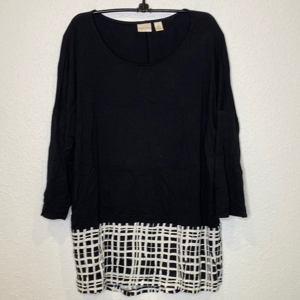 Chico’s Plaid Black & White Color Block Hem Tunic Top EUC Sz 16 Stretchy Rayon